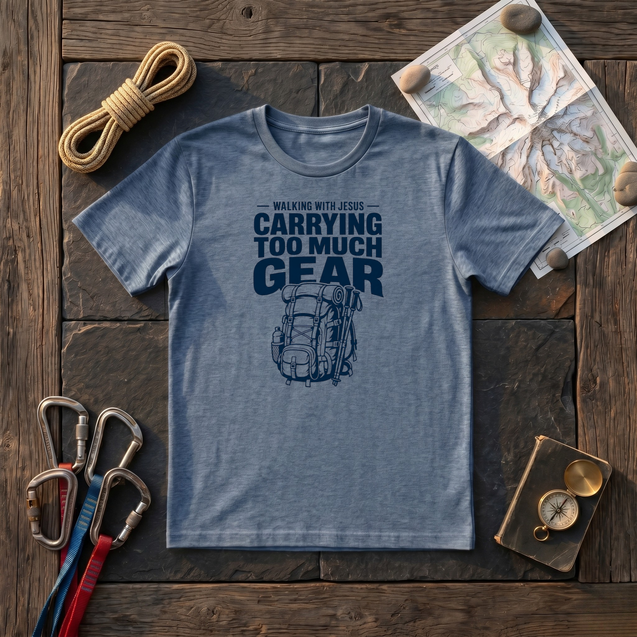 Walking With Jesus Carrying Too Much Gear T-Shirt