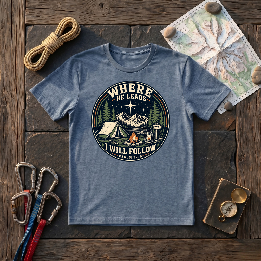 Where He Leads I Will Follow Psalm 32:8 (Camping Badge) T-Shirt