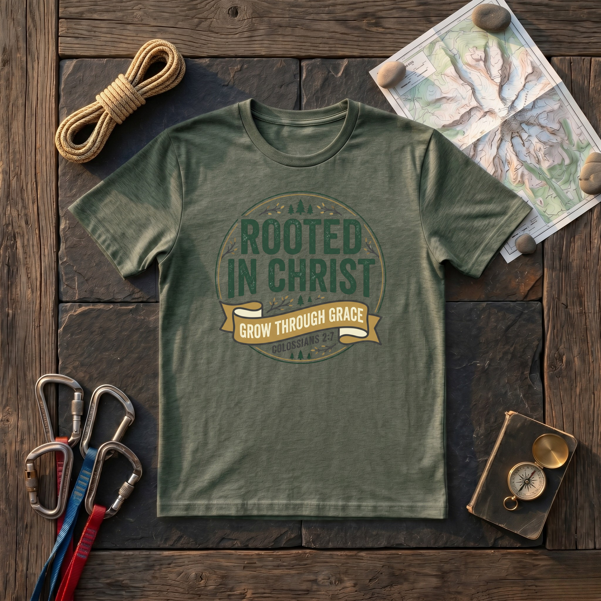 Rooted In Christ, Grow Through Grace Colossians 2:7 T-Shirt