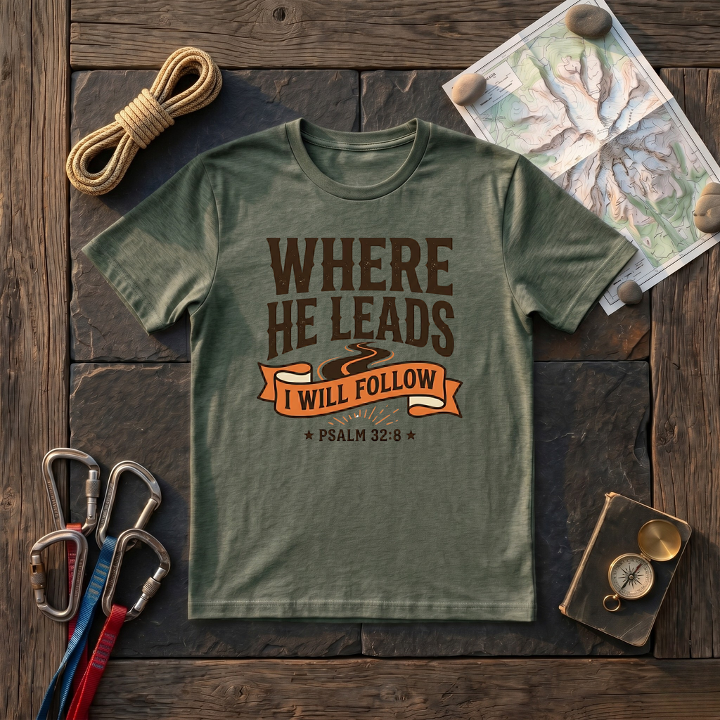 Where He Leads I Will Follow Psalm 32:8 (Typography) T-Shirt