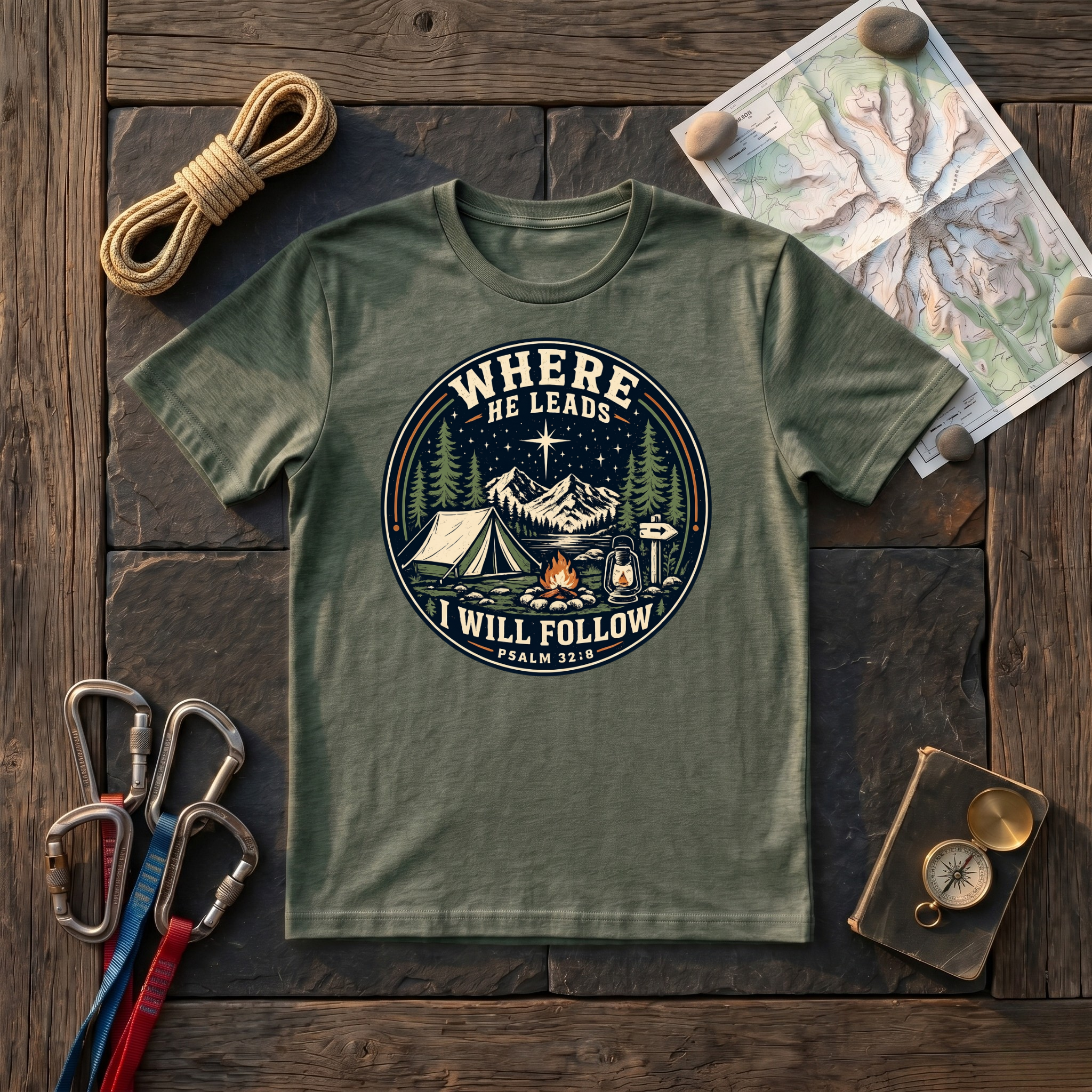 Where He Leads I Will Follow Psalm 32:8 (Camping Badge) T-Shirt