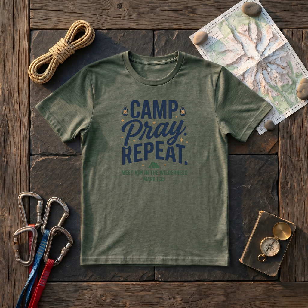 Camp. Pray. Repeat. Meet Him In The Wilderness Mark 1:35 T-Shirt