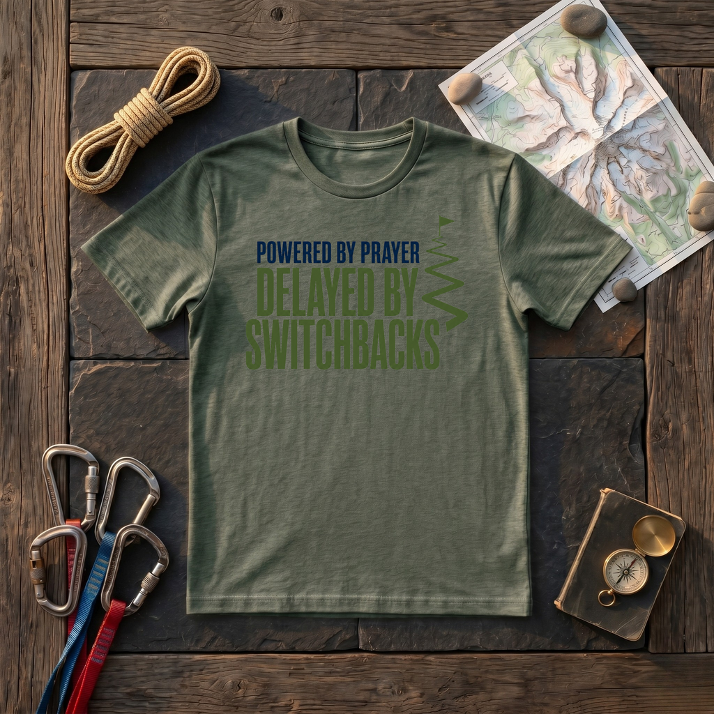 Powered By Prayer Delayed By Switchbacks T-Shirt