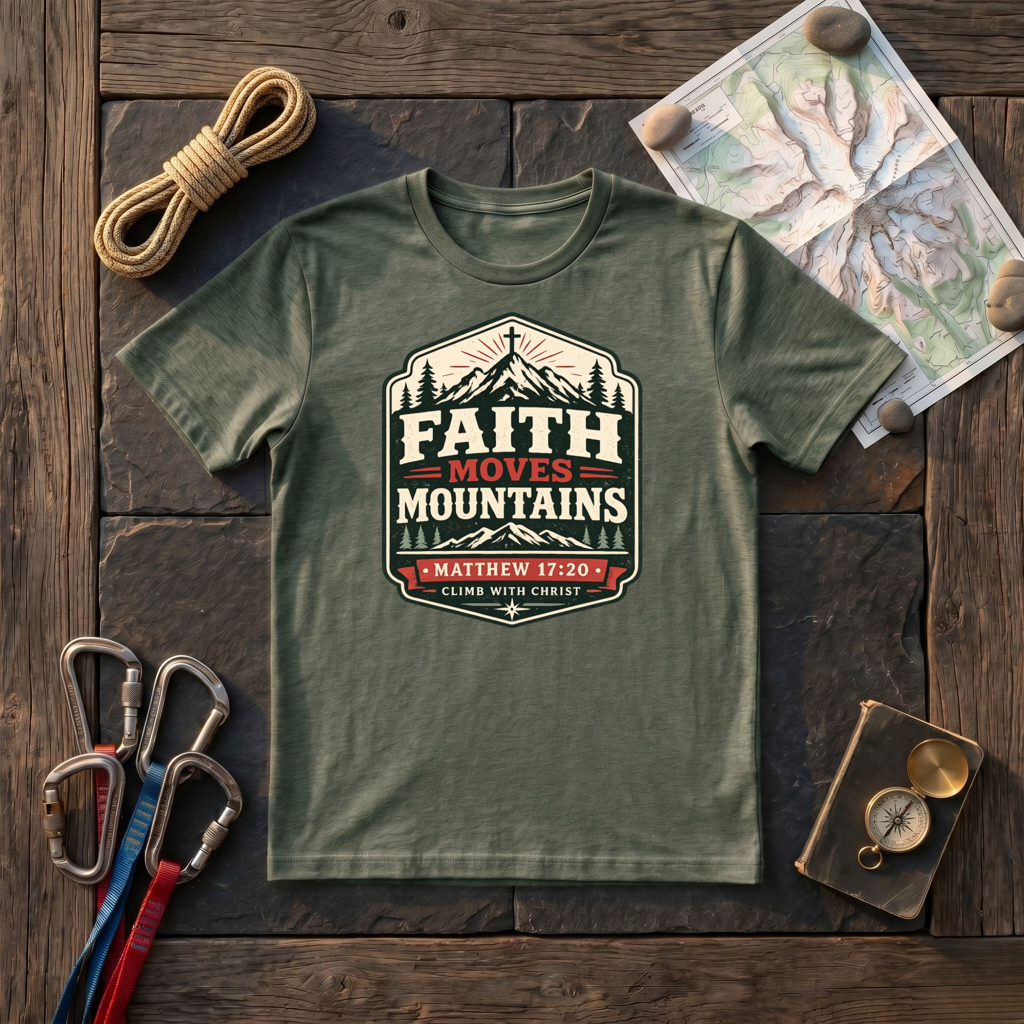 Faith Moves Mountains, Climb With Christ Matthew 17:20 T-Shirt