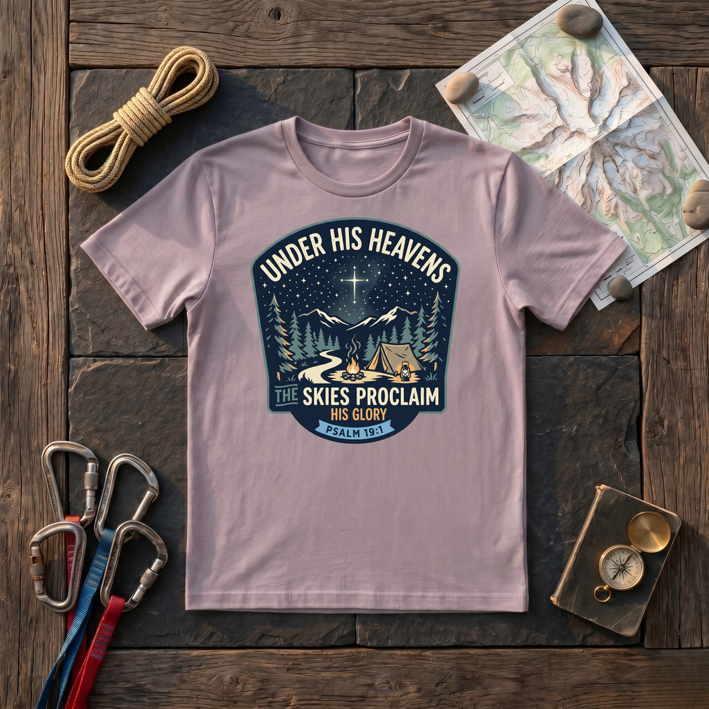 Under His Heavens, The Skies Proclaim His Glory Psalm 19:1 (Badge) T-Shirt