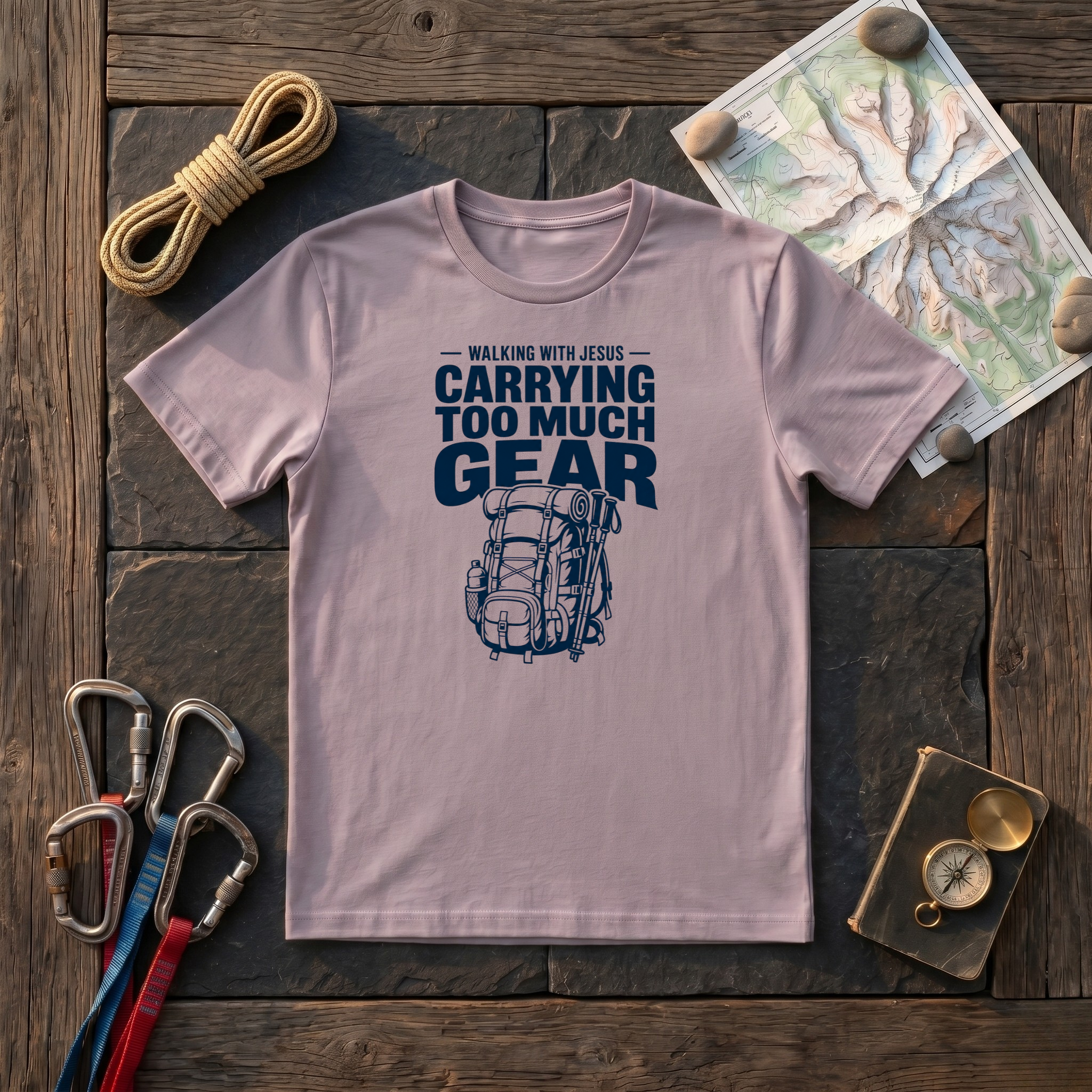 Walking With Jesus Carrying Too Much Gear T-Shirt