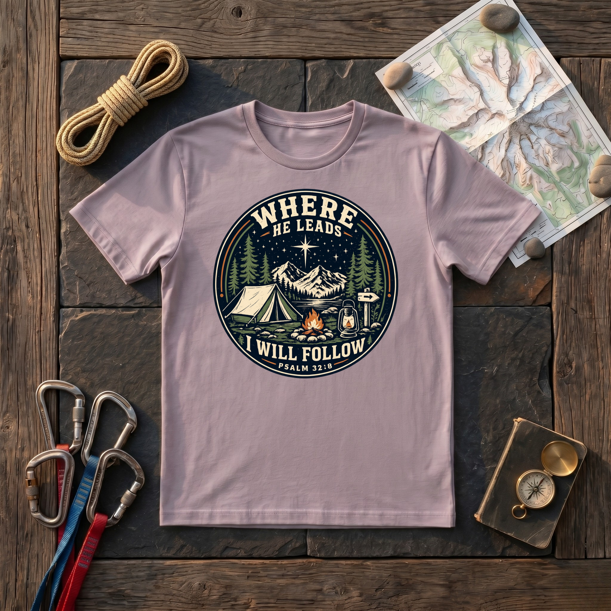 Where He Leads I Will Follow Psalm 32:8 (Camping Badge) T-Shirt