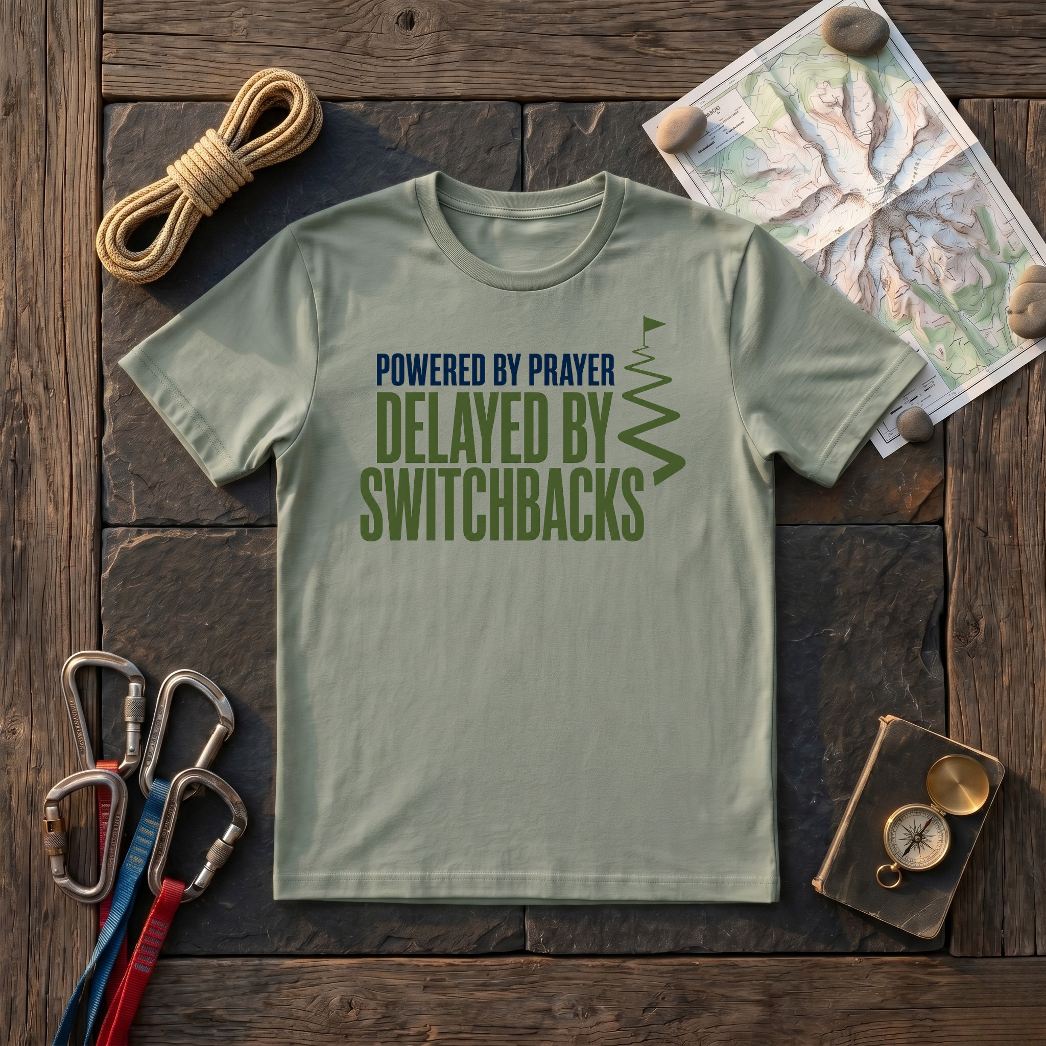 Powered By Prayer Delayed By Switchbacks T-Shirt