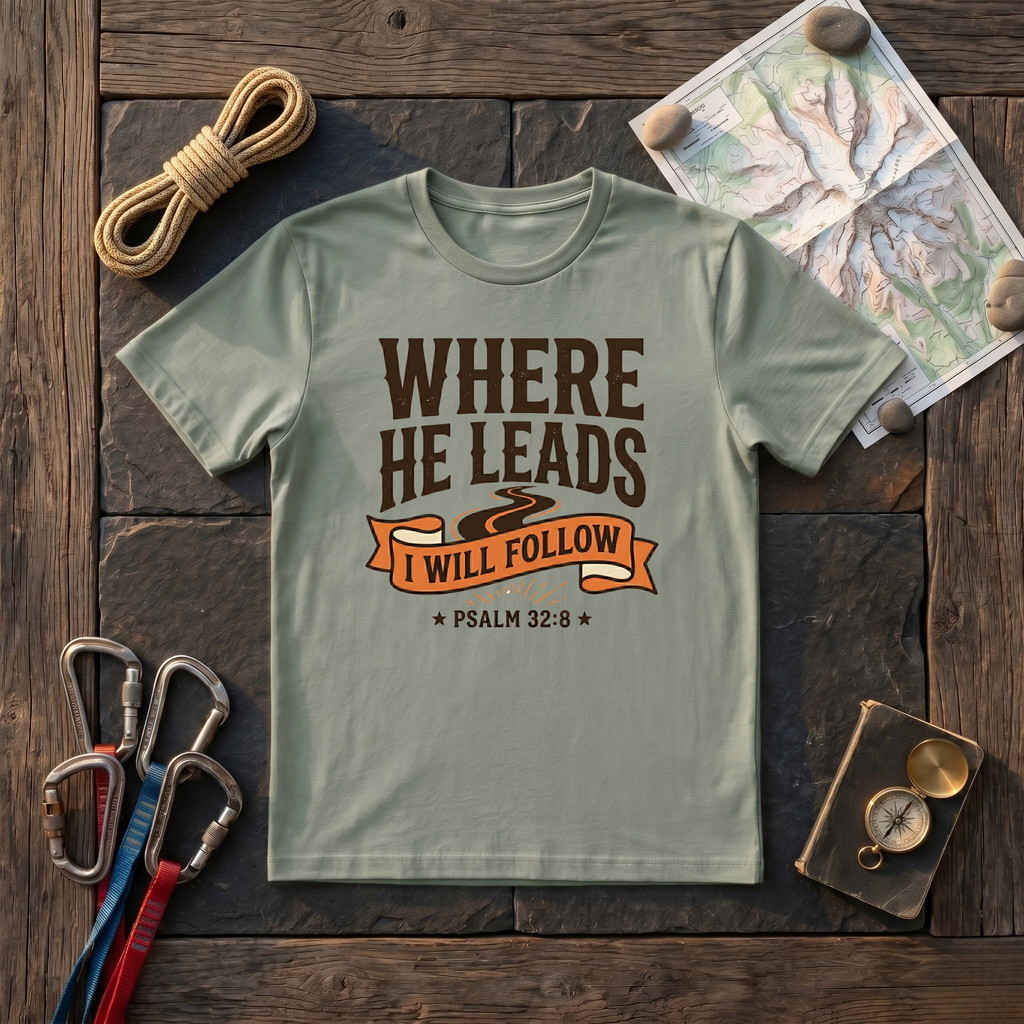 Where He Leads I Will Follow Psalm 32:8 (Typography) T-Shirt