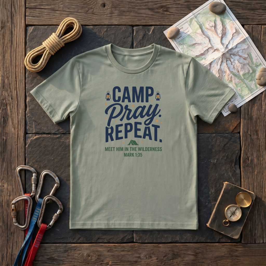Camp. Pray. Repeat. Meet Him In The Wilderness Mark 1:35 T-Shirt