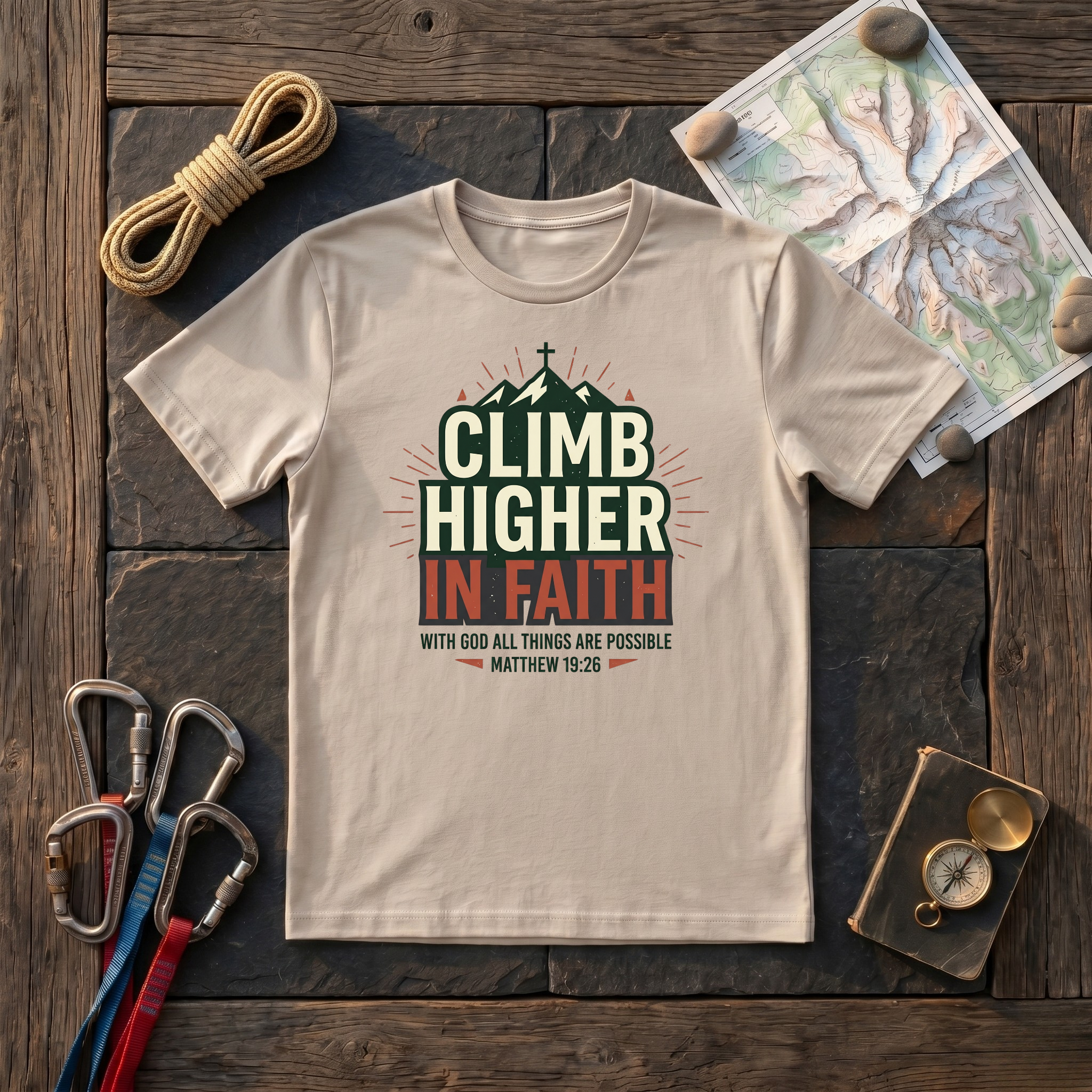 Climb Higher In Faith, With God All Things Are Possible Matthew 19:26 T-Shirt