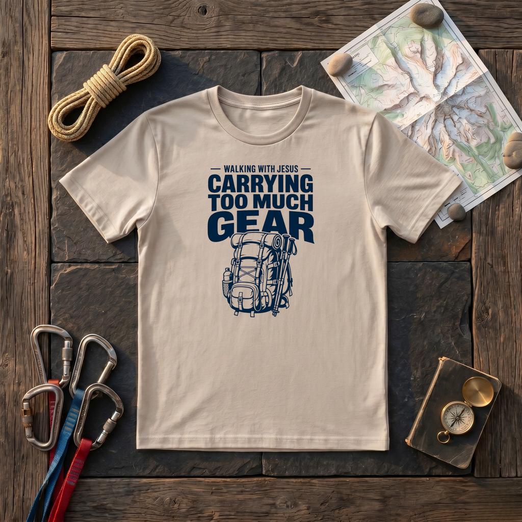 Walking With Jesus Carrying Too Much Gear T-Shirt