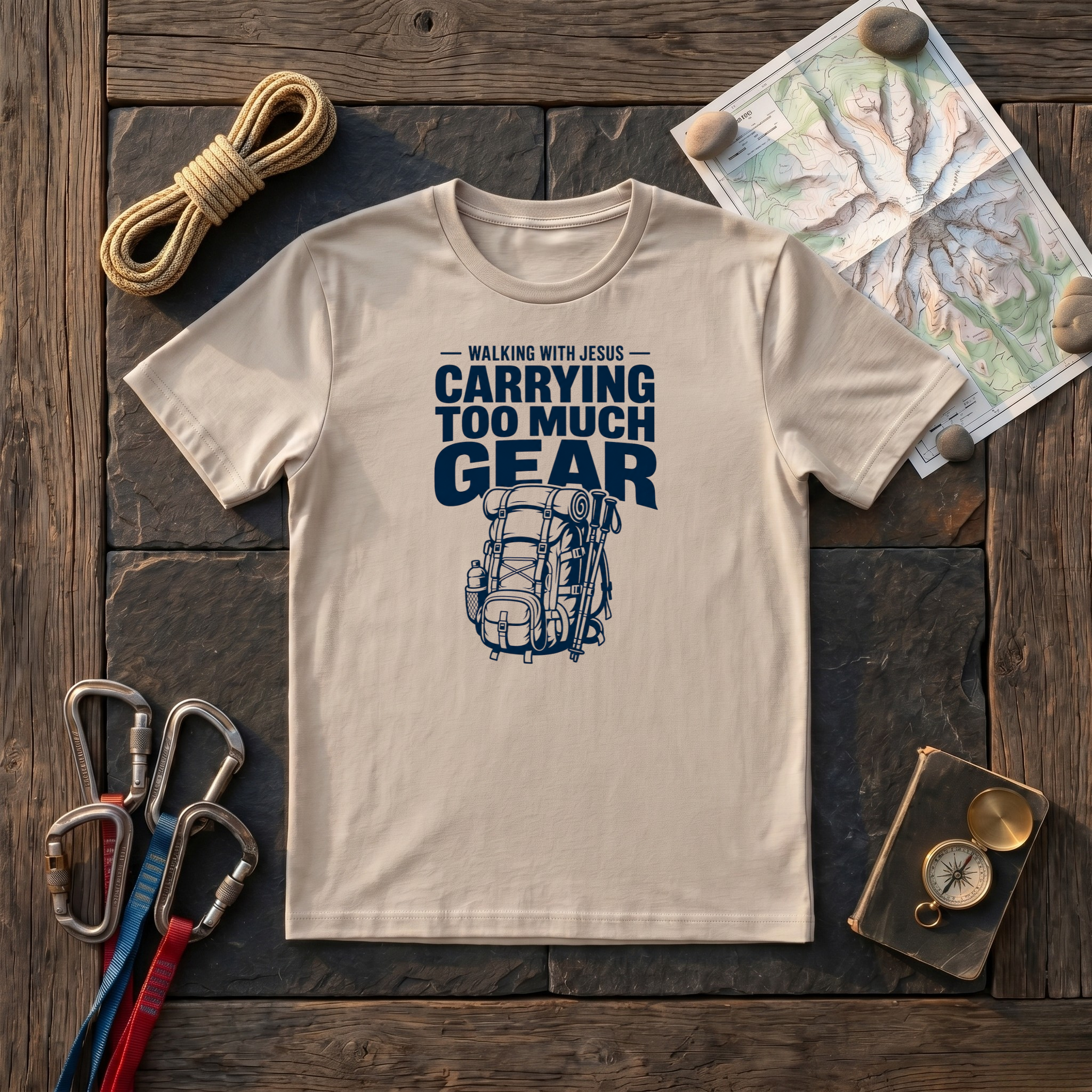 Walking With Jesus Carrying Too Much Gear T-Shirt