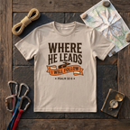 Where He Leads I Will Follow Psalm 32:8 (Typography) T-Shirt
