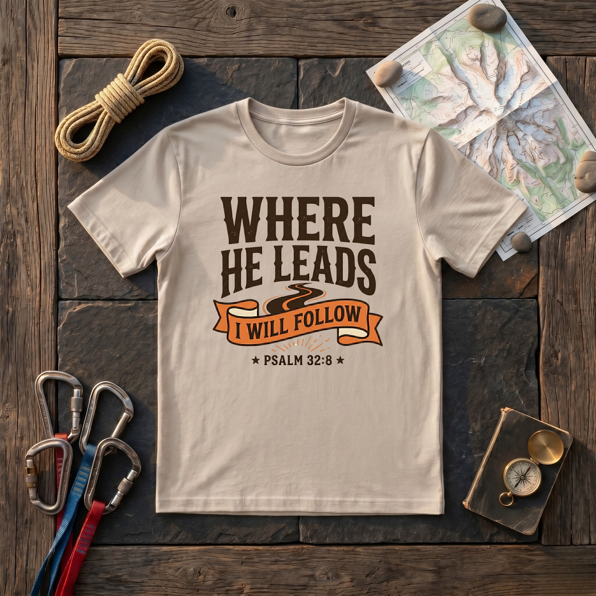 Where He Leads I Will Follow Psalm 32:8 (Typography) T-Shirt