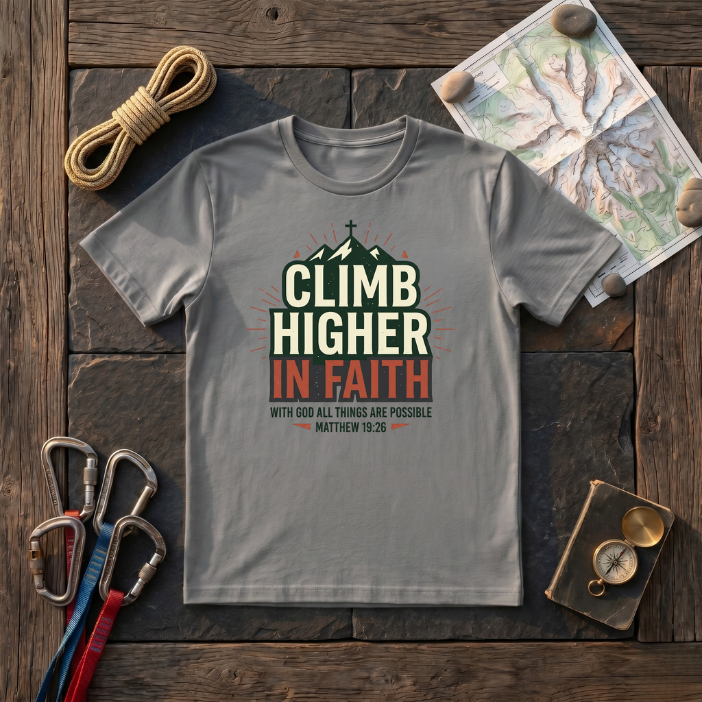 Climb Higher In Faith, With God All Things Are Possible Matthew 19:26 T-Shirt