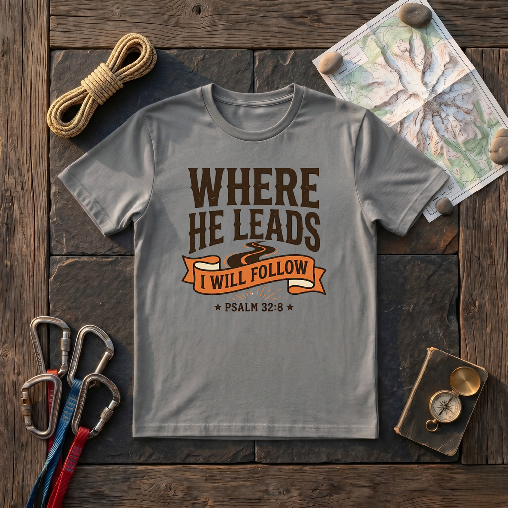 Where He Leads I Will Follow Psalm 32:8 (Typography) T-Shirt