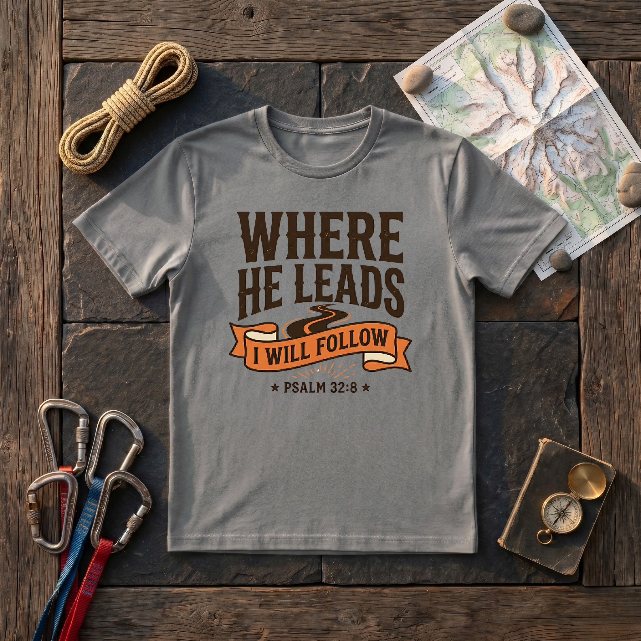 Where He Leads I Will Follow Psalm 32:8 (Typography) T-Shirt