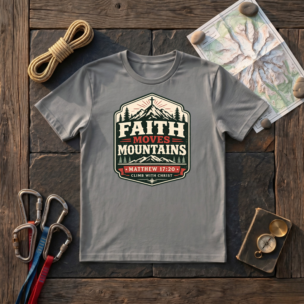 Faith Moves Mountains, Climb With Christ Matthew 17:20 T-Shirt