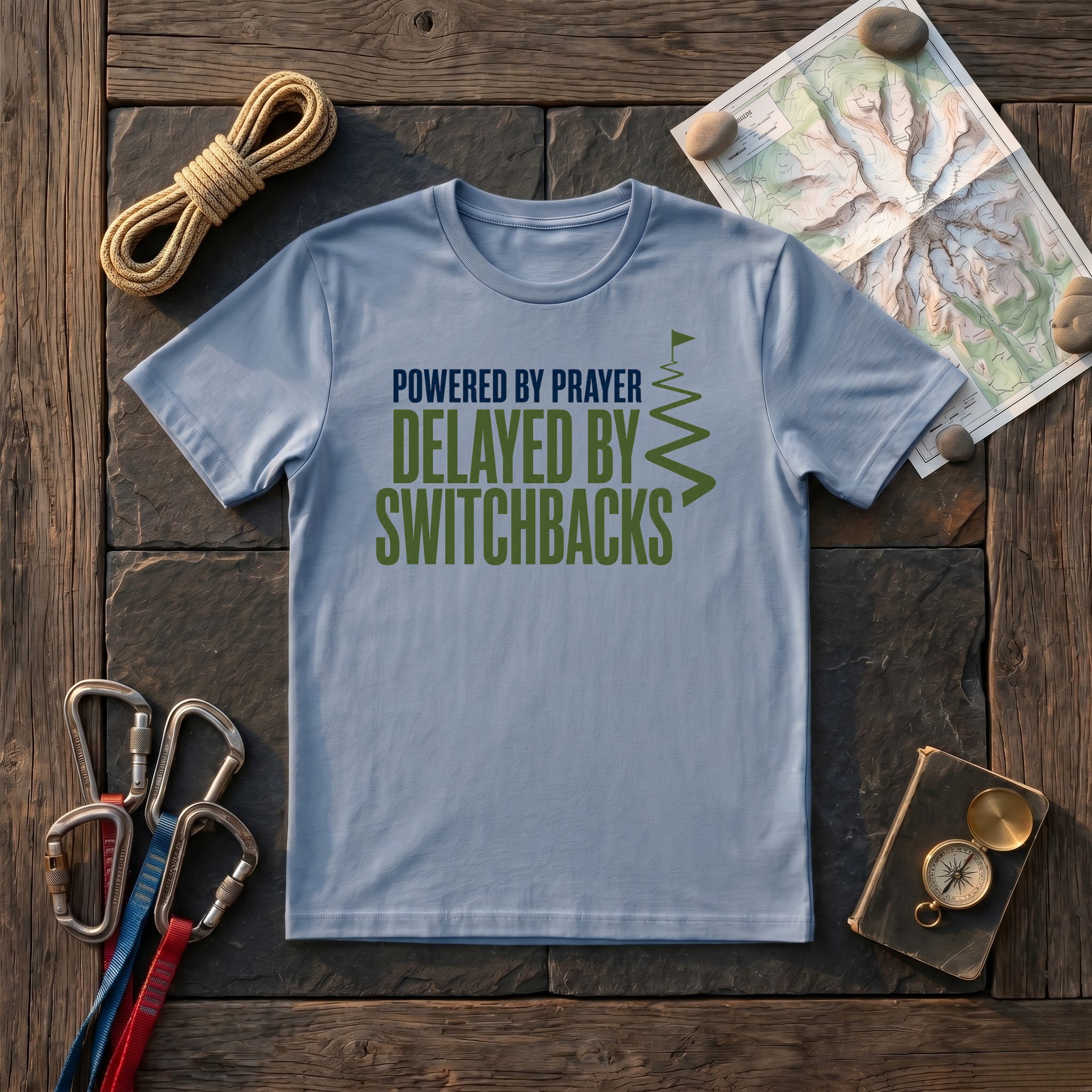 Powered By Prayer Delayed By Switchbacks T-Shirt