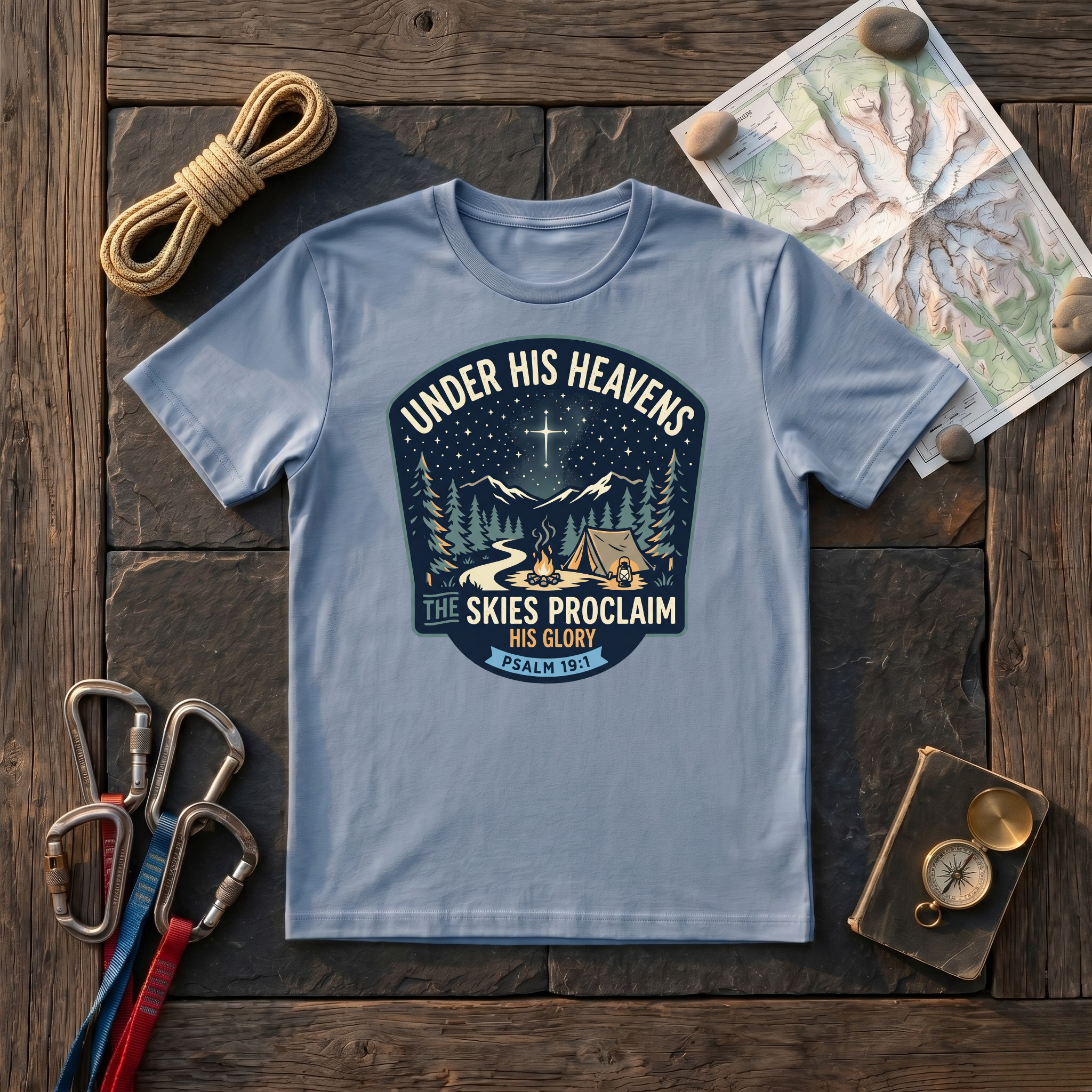 Under His Heavens, The Skies Proclaim His Glory Psalm 19:1 (Badge) T-Shirt
