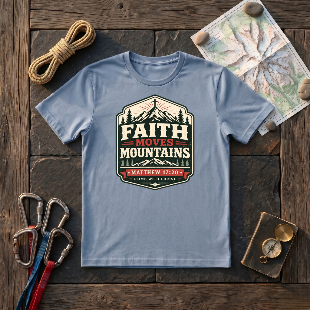 Faith Moves Mountains, Climb With Christ Matthew 17:20 T-Shirt