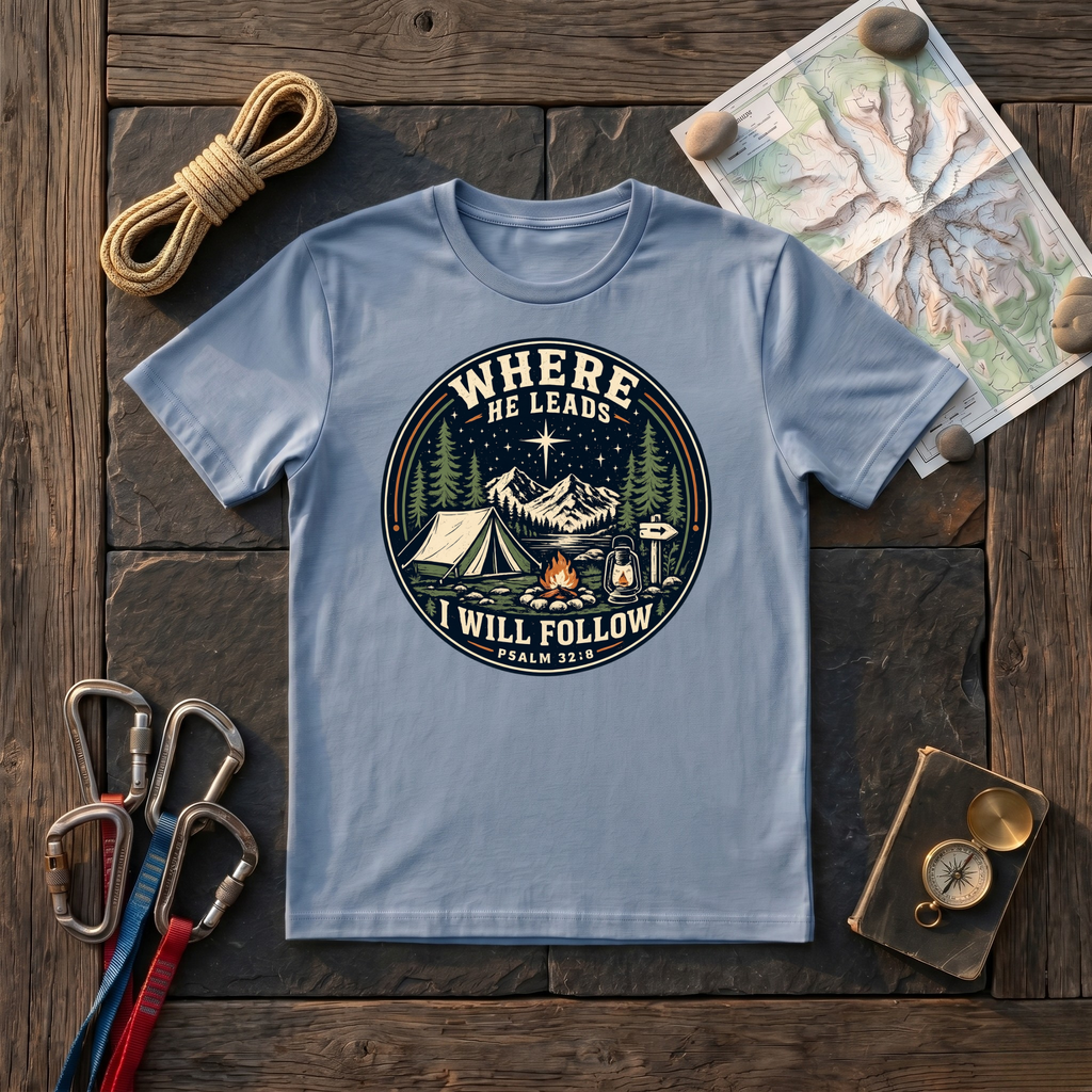 Where He Leads I Will Follow Psalm 32:8 (Camping Badge) T-Shirt