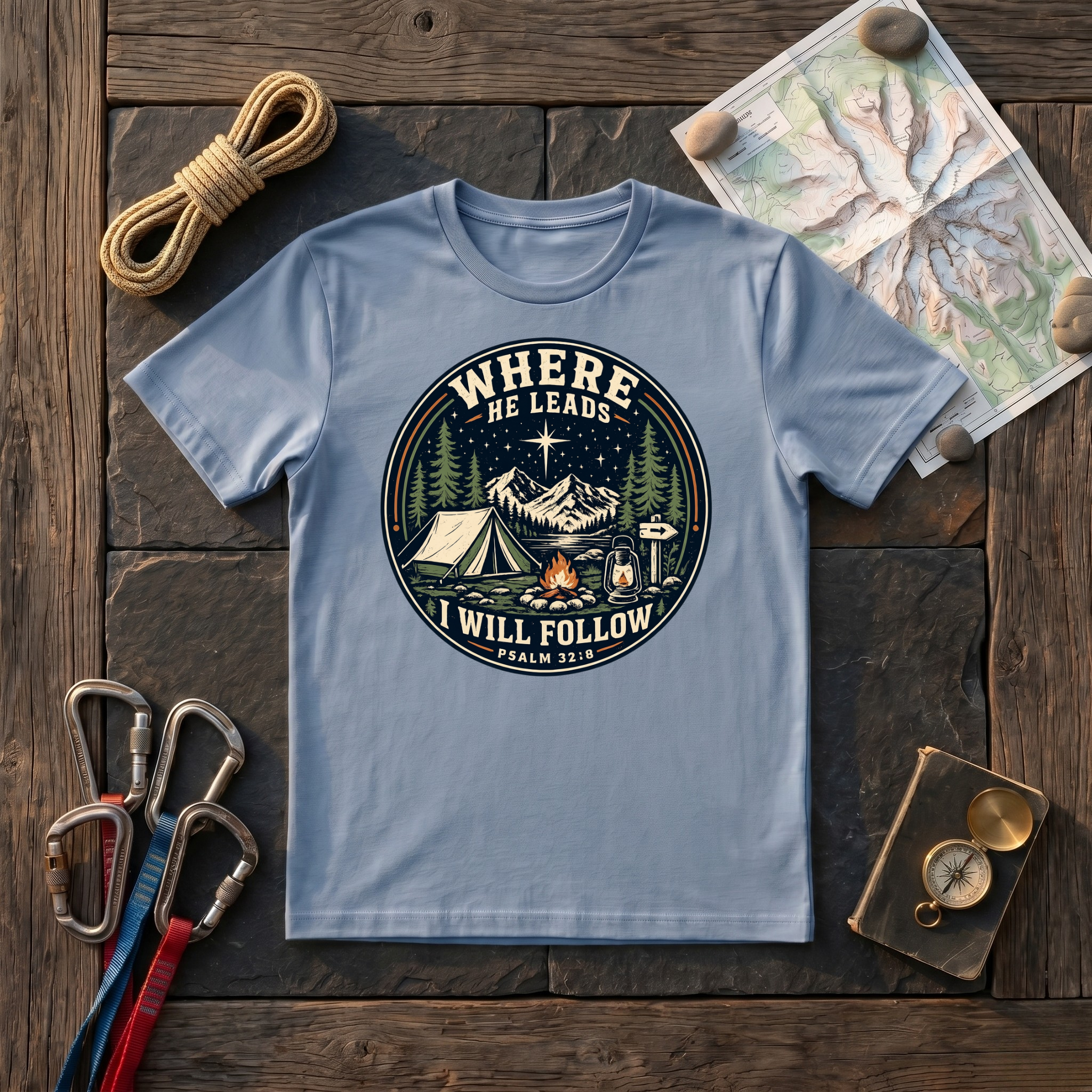 Where He Leads I Will Follow Psalm 32:8 (Camping Badge) T-Shirt