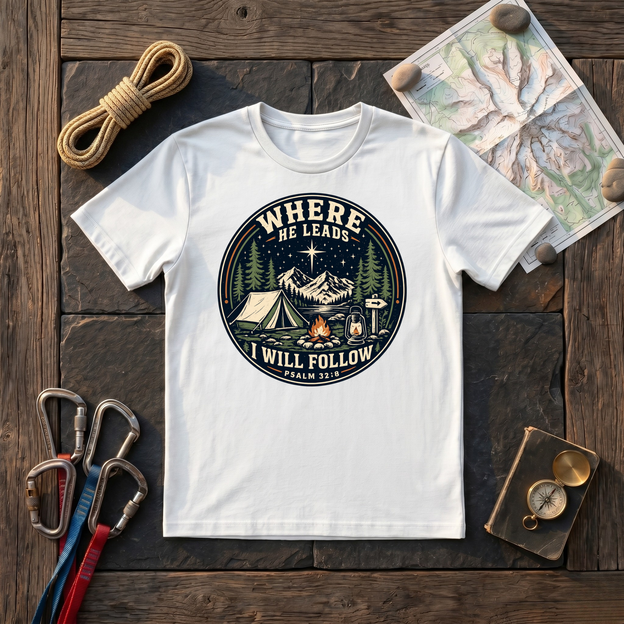 Where He Leads I Will Follow Psalm 32:8 (Camping Badge) T-Shirt