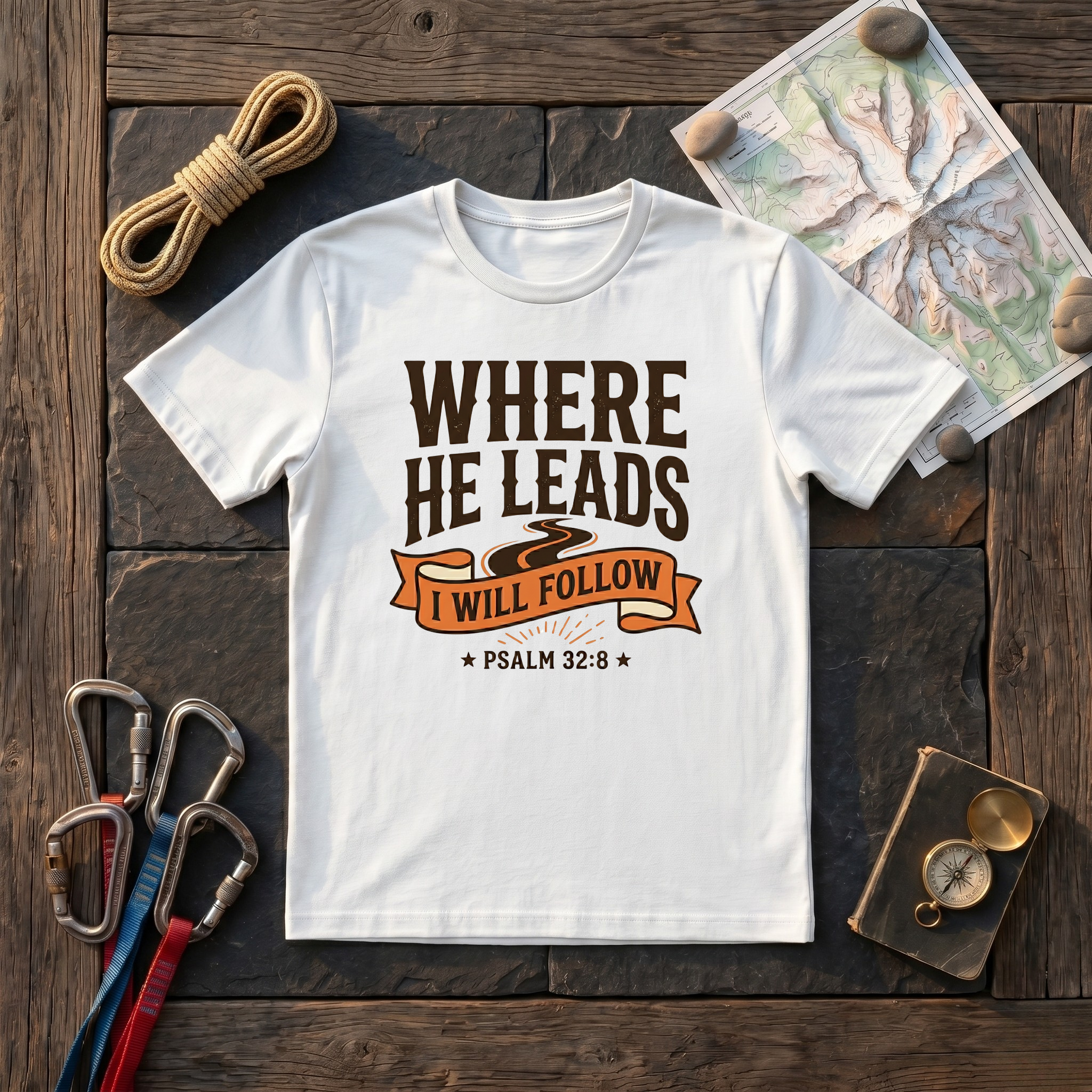 Where He Leads I Will Follow Psalm 32:8 (Typography) T-Shirt